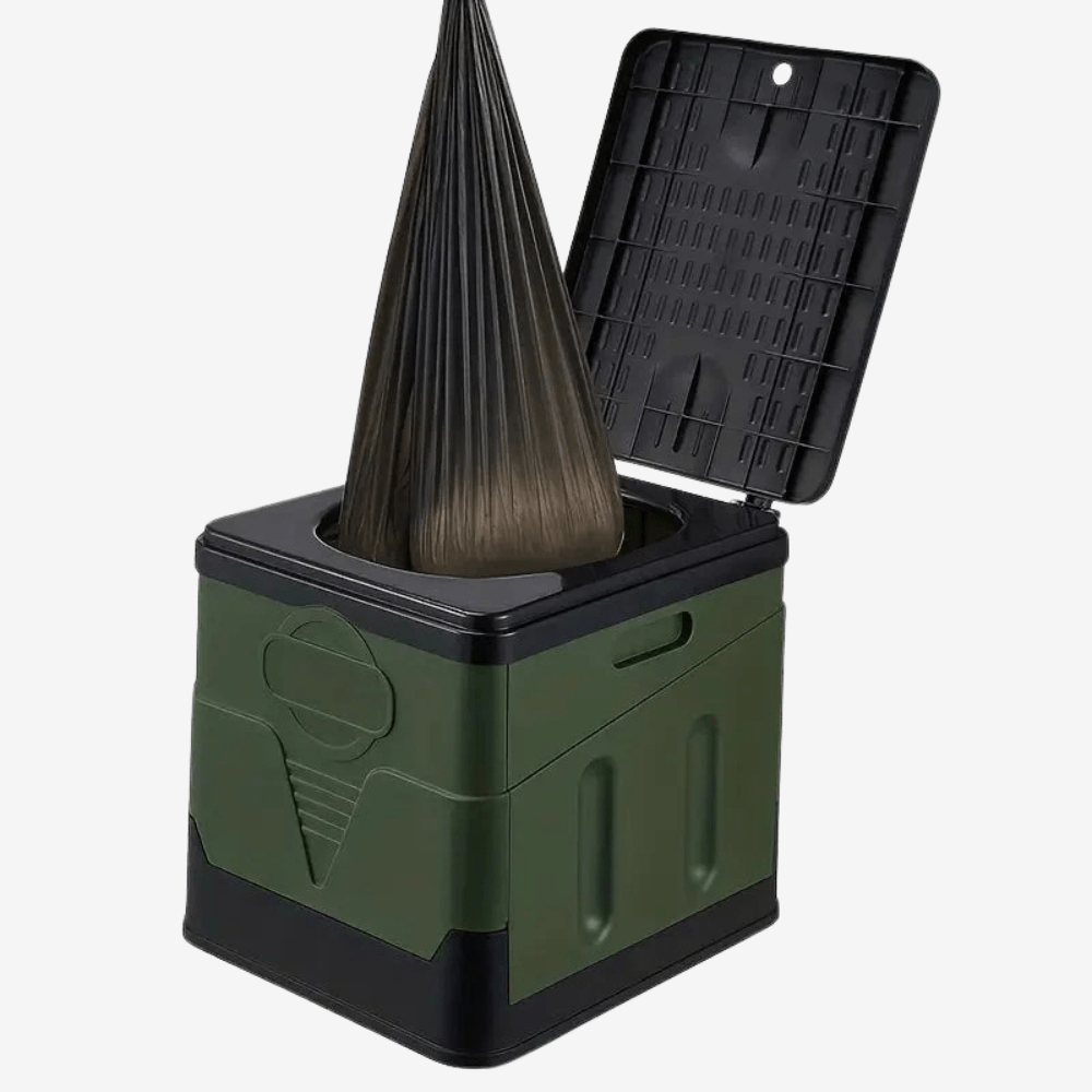 "Toilette portable pliable avec paysage naturel, légère, compacte, pour camping et festivals, robuste et facile à nettoyer."