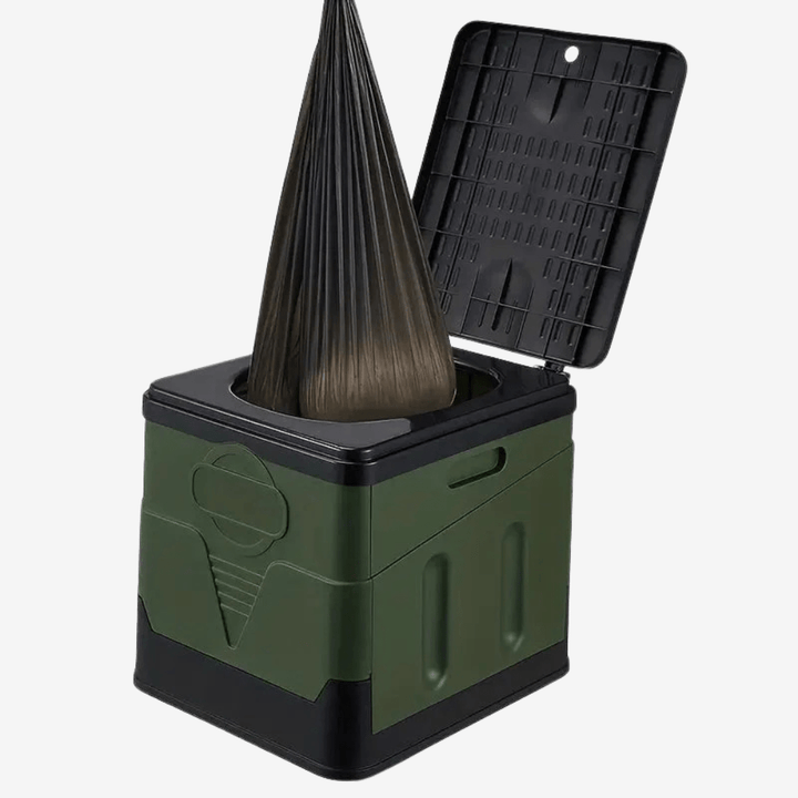 "Toilette portable pliable avec paysage naturel, légère, compacte, pour camping et festivals, robuste et facile à nettoyer."