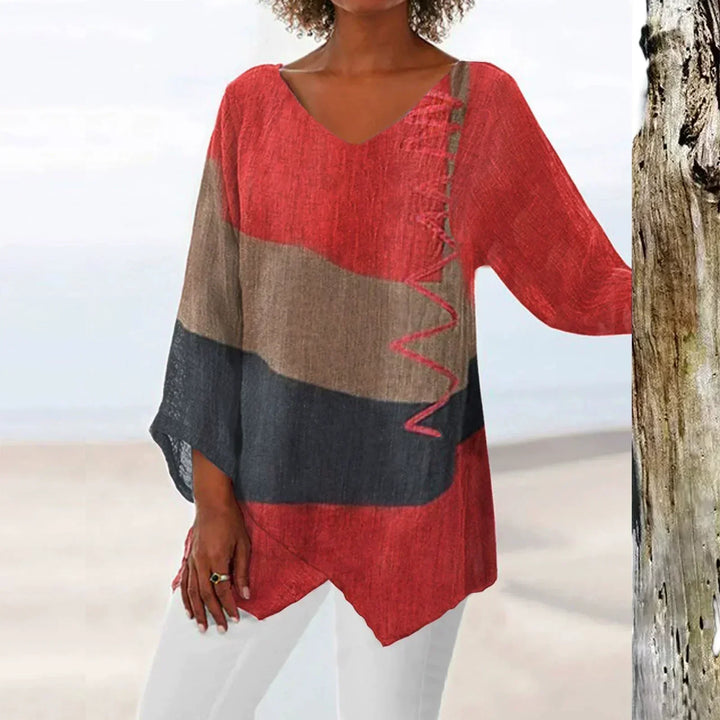 Top femme bicolore élégant à col V, parfait pour un look chic et tendance au quotidien. Mode féminine.