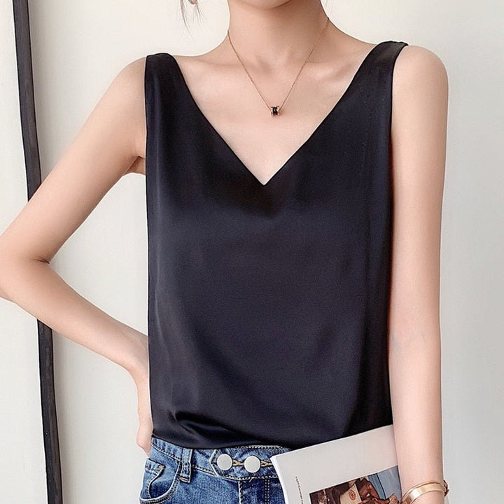 Top femme élégant à col en V, style décontracté chic, idéal pour l'été et le printemps.
