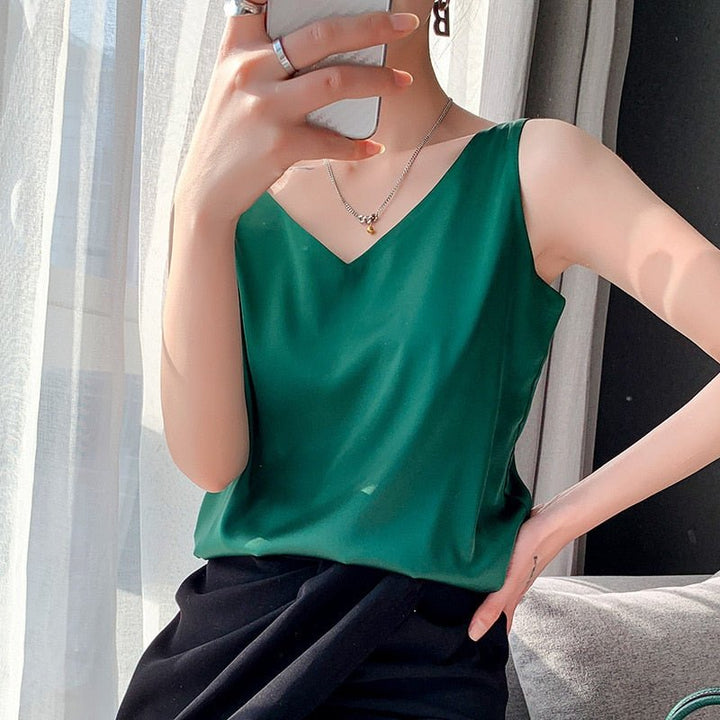 Top femme décontracté chic, col en V, mode polyvalente pour le quotidien, printemps et été.