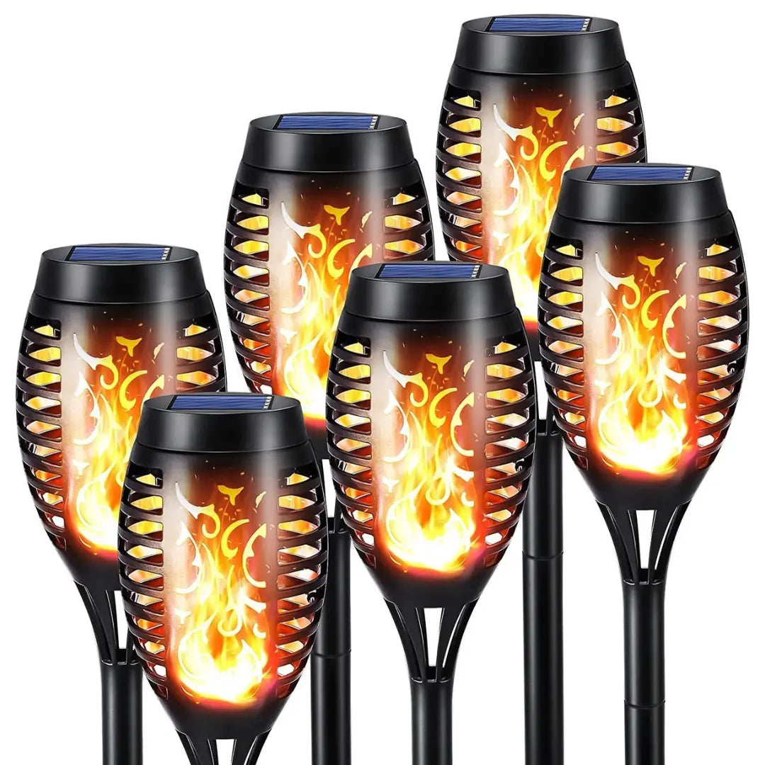 "Torche LED solaire jardin, design flammes réalistes, effet lumineux romantique, idéale pour déco extérieure élégante."