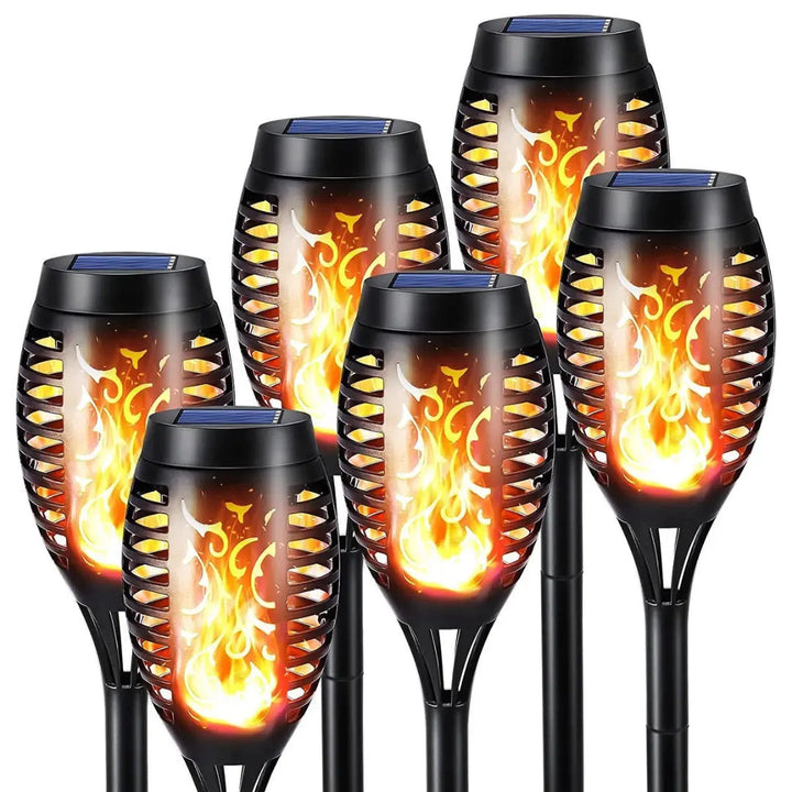 "Torche LED solaire jardin, design flammes réalistes, effet lumineux romantique, idéale pour déco extérieure élégante."