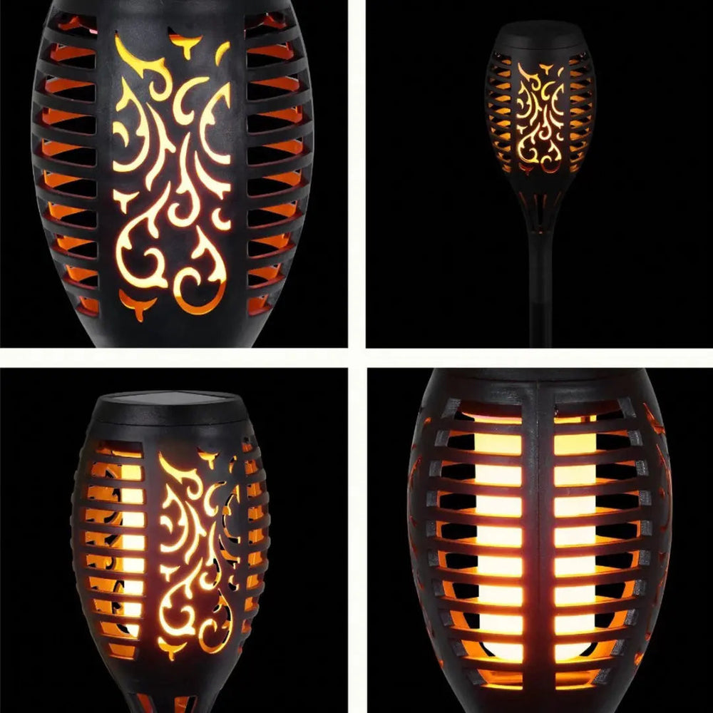 "Torche LED solaire jardin, design flammes réalistes, effet lumineux romantique, idéale pour déco extérieure élégante."