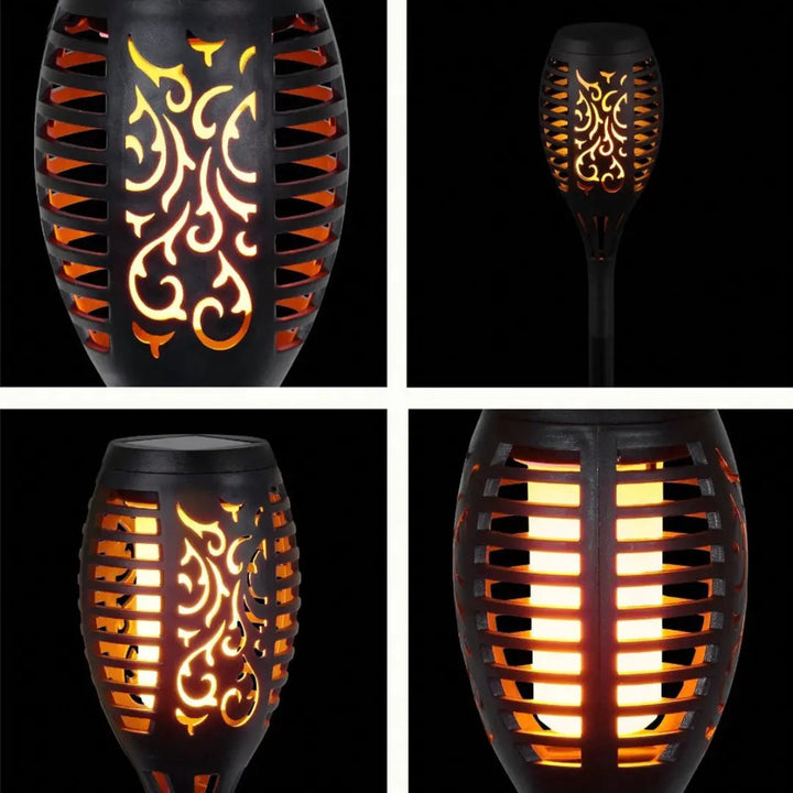 "Torche LED solaire jardin, design flammes réalistes, effet lumineux romantique, idéale pour déco extérieure élégante."