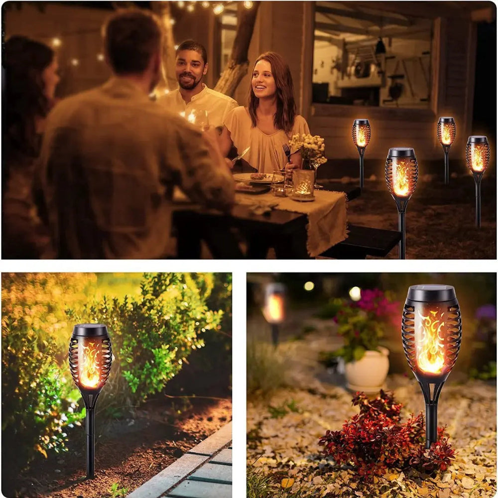 Torche LED solaire jardin, design flammes réalistes, effet lumineux romantique, idéale pour déco extérieure élégante.