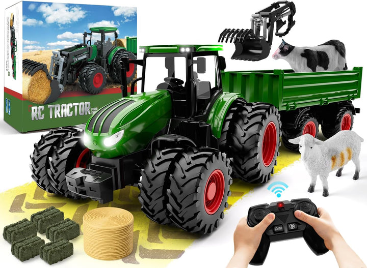 Tracteur télécommandé jouet en métal avec remorque, jaune et vert, adapté pour enfants de 3 à 9 ans, éléments réalistes.
