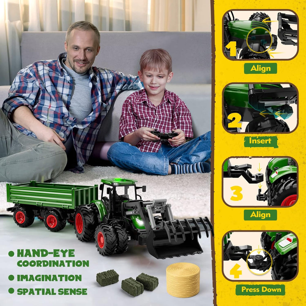 Tracteur télécommandé jouet en métal avec remorque, jaune et vert, adapté pour enfants de 3 à 9 ans, éléments réalistes.