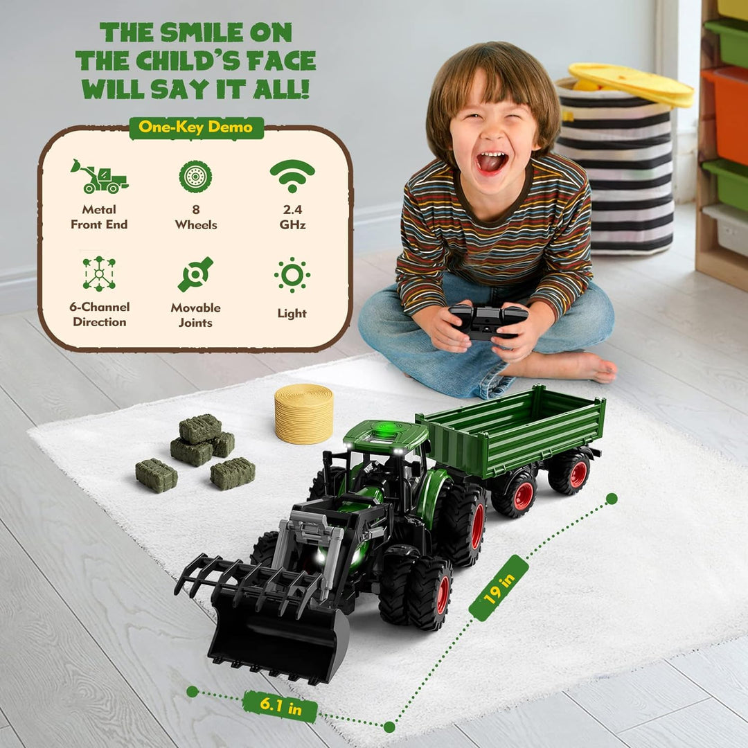 Tracteur télécommandé jouet en métal avec remorque, jaune et vert, adapté pour enfants de 3 à 9 ans, éléments réalistes.