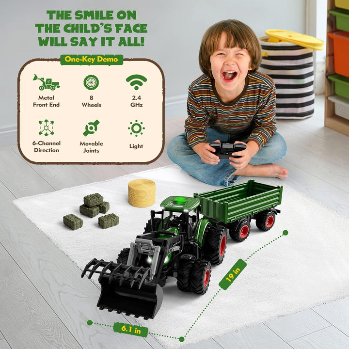 Tracteur télécommandé jouet en métal avec remorque, jaune et vert, adapté pour enfants de 3 à 9 ans, éléments réalistes.
