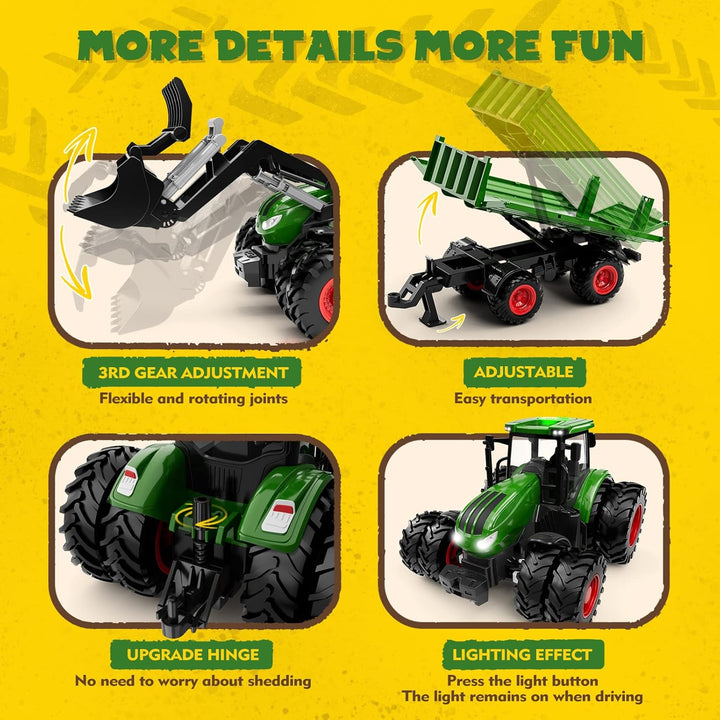 Tracteur télécommandé jouet en métal avec remorque, jaune et vert, adapté pour enfants de 3 à 9 ans, éléments réalistes.