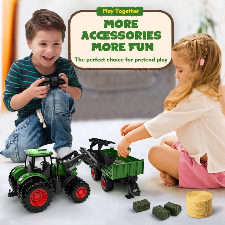 Tracteur télécommandé jouet en métal avec remorque, jaune et vert, adapté pour enfants de 3 à 9 ans, éléments réalistes.