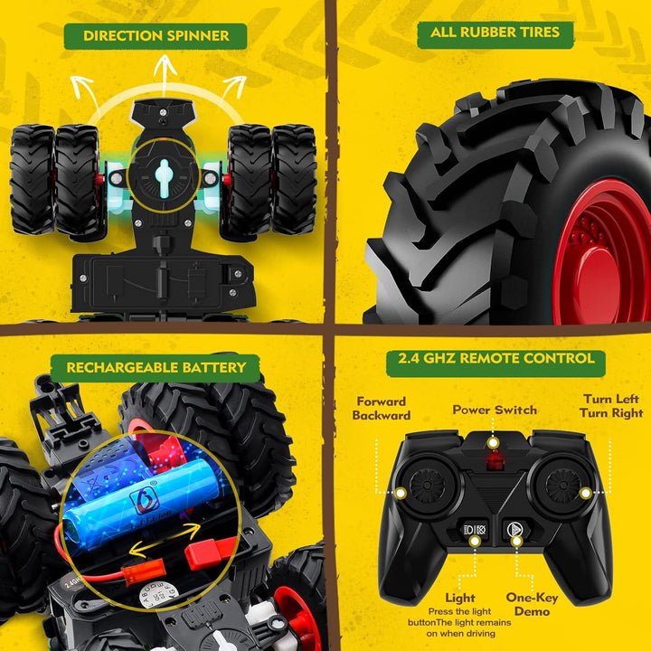 Tracteur télécommandé jouet en métal avec remorque, jaune et vert, adapté pour enfants de 3 à 9 ans, éléments réalistes.