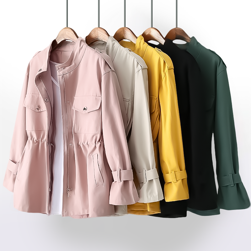 Trench-coat élégant femmes, coupe cintrée, veste mi-saison chic, mode féminine.
