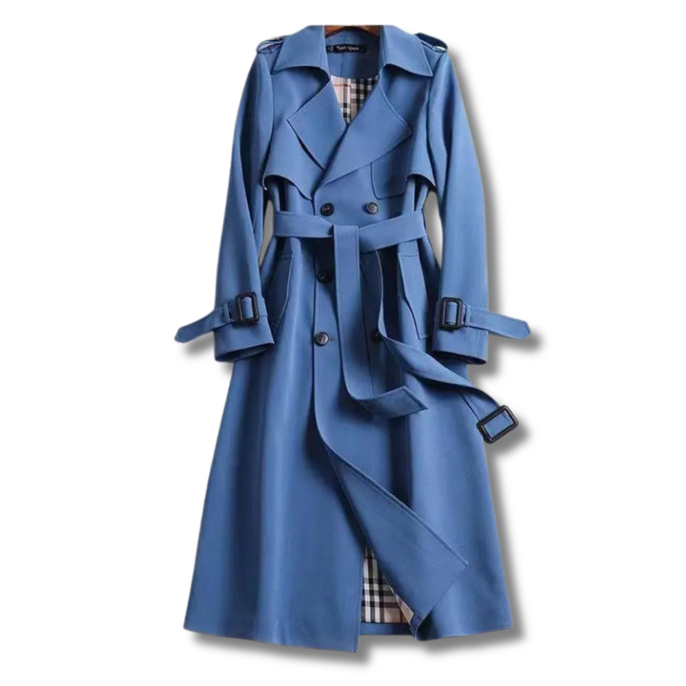 Détail du trench-coat Emalie : ceinture ajustée, boutons stylés, coupe classique femme, pour un look chic.