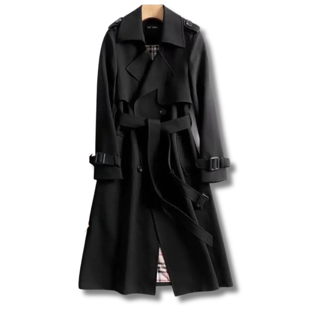 Femme marchant avec le trench-coat long Emalie, imperméable et élégant, parfait pour la mode automne-hiver.