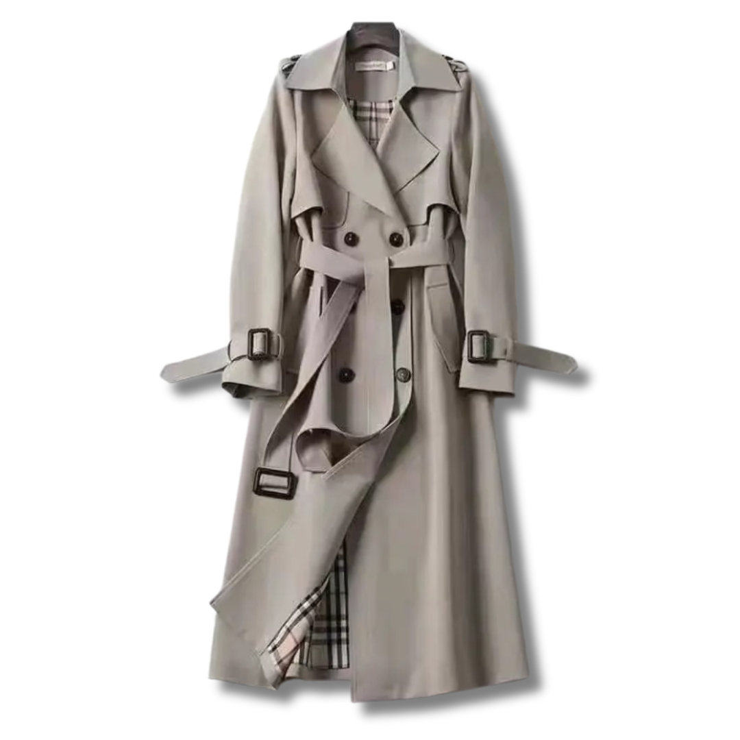 Vue arrière du trench-coat Emalie classique pour femme, élégance intemporelle pour un style automnal chic.