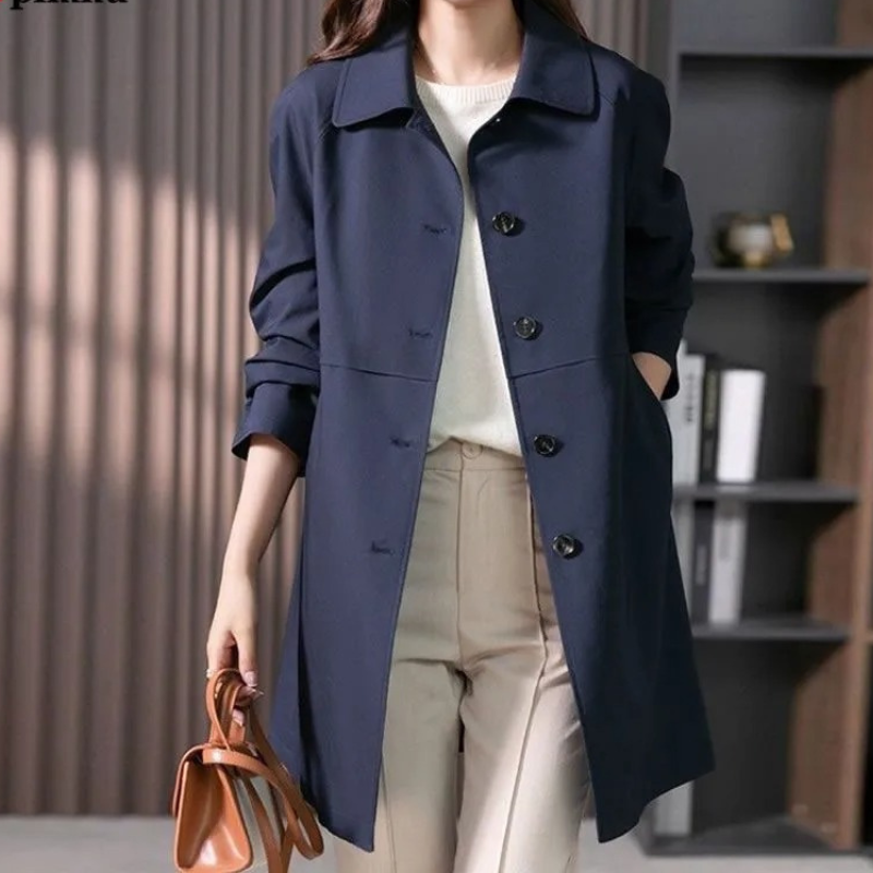 Manteau trench chic femme, mi-long, boutonné, style polyvalent, parfait pour la mode printemps-automne.