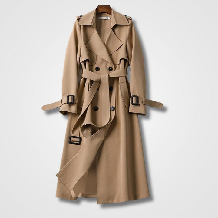 "Trench-coat femme élégant, imperméable, coupe ajustée beige, style intemporel, idéal pour jours pluvieux, confort chic."