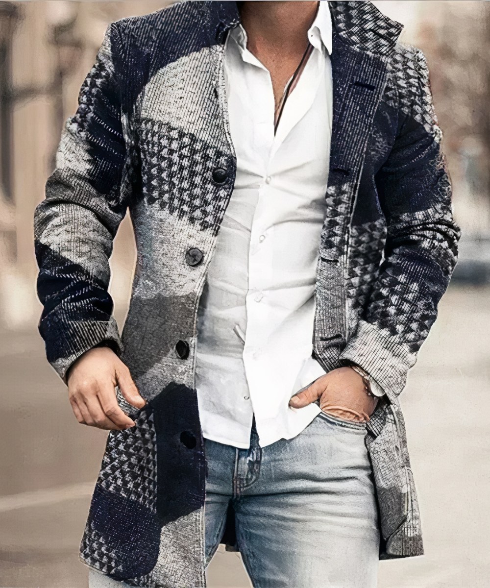 Manteau homme polyvalent et chic, idéal pour affaires ou décontracté. Veste mi-saison urbaine et élégante.