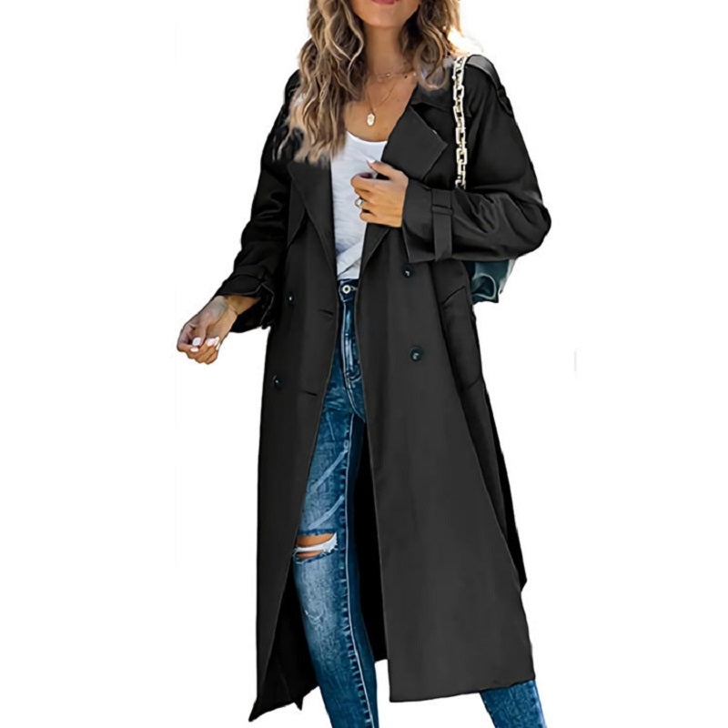 Veste trench-coat femme élégante et longue, idéale pour l'automne et le printemps. Manteau mi-saison tendance, mode et confort.