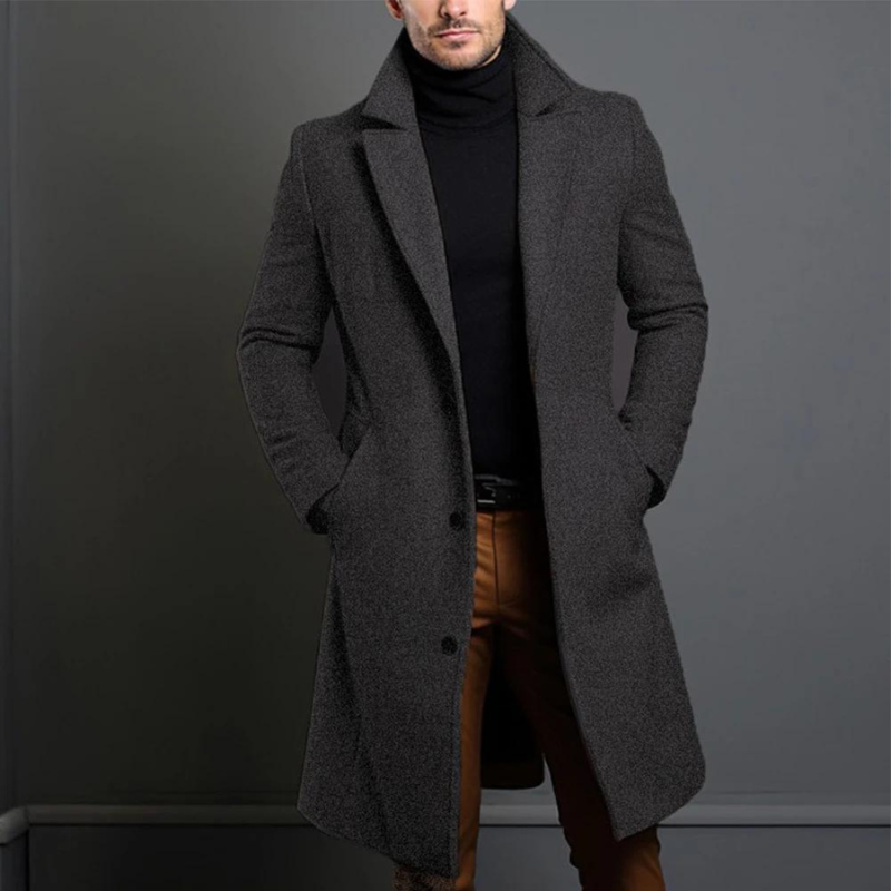 "Trench-coat long homme, élégant, coupe classique et polyvalente, disponible bleu, gris, café, noir, tailles XS à XL."