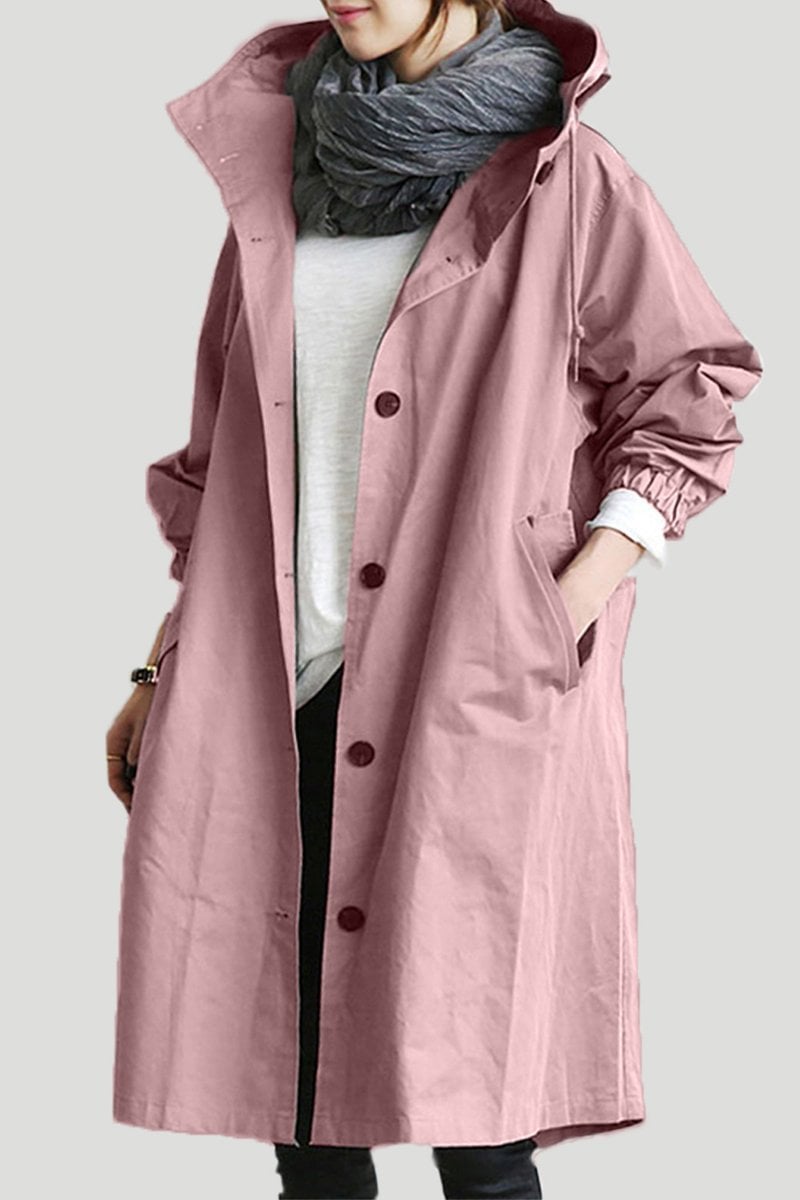 Trench imperméable élégant, coupe flatteuse, capuche.  Parfait pour l'automne et l'hiver.