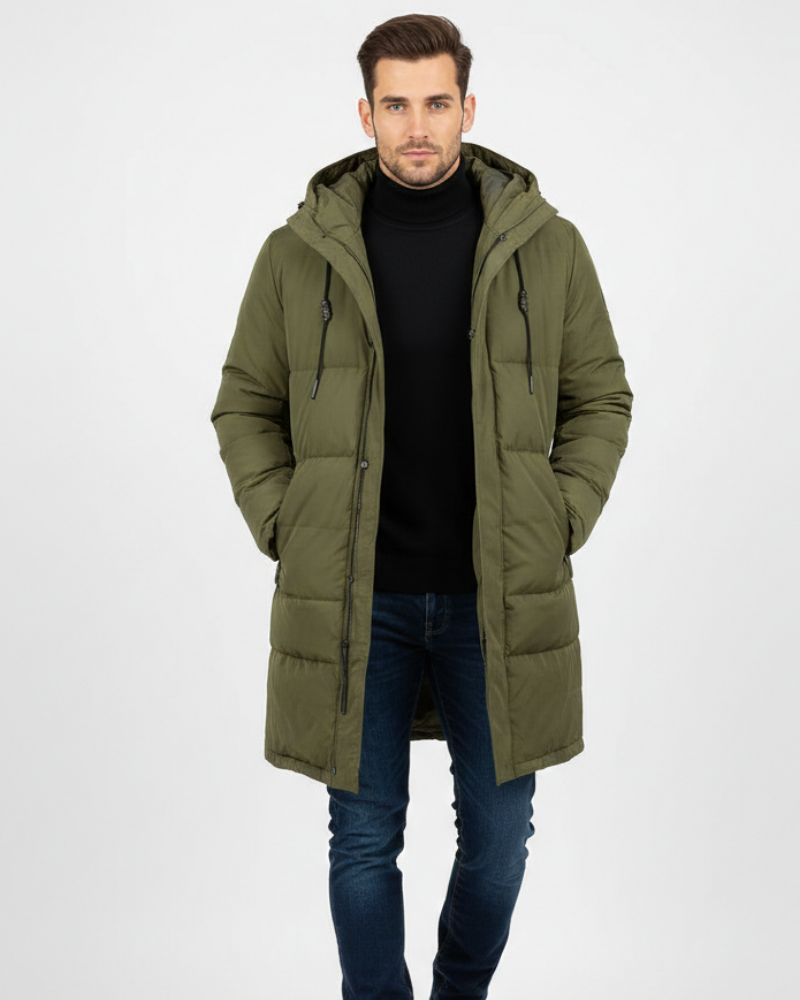 Trench long homme imperméable noir avec capuche, chaud et élégant pour l'hiver, idéal contre le vent et la pluie.