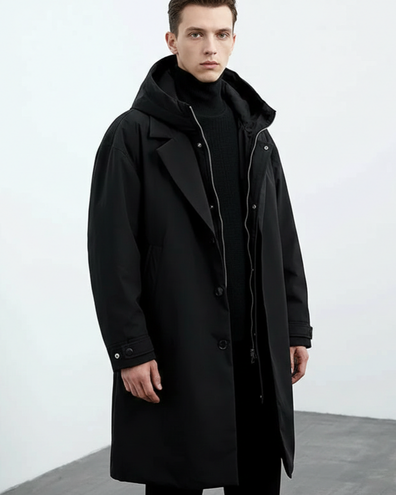 Manteau trench homme chaud et coupe-vent, style classique automne-hiver. Veste longue imperméable et élégante.