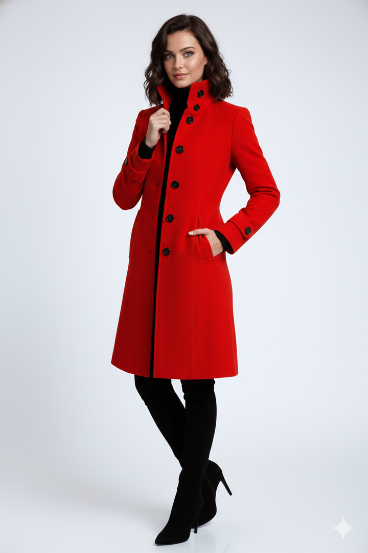 Trenchcoat femme Sandy élégant et cintré à col haut. Idéal pour l'hiver. Couleurs: kaki, gris, rouge, noir.