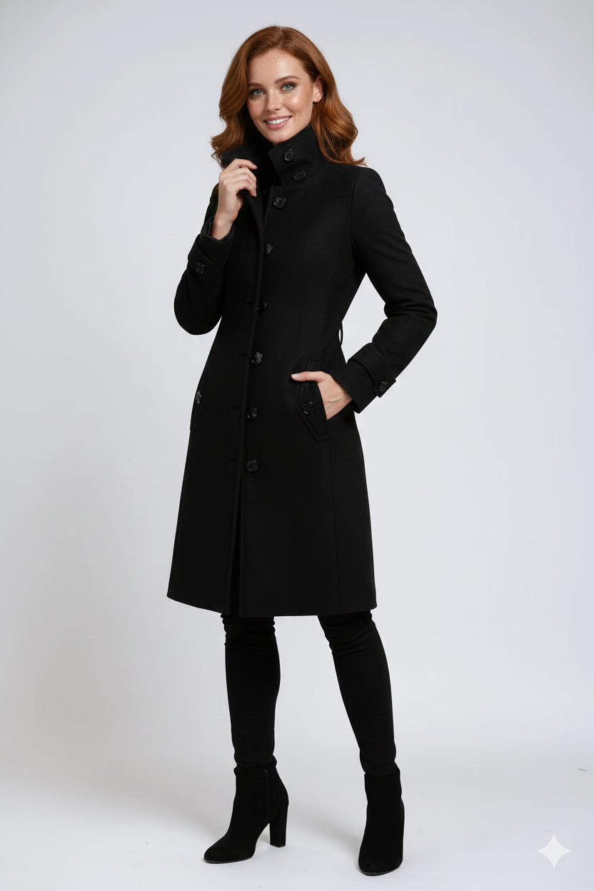 Pardessus femme Sandy, trenchcoat hiver élégant et cintré avec col haut. Vêtement chaud et stylé.