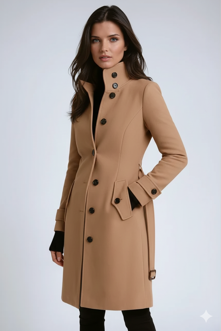 Femme élégante portant un trenchcoat Sandy cintré avec col haut. Manteau hiver chic en kaki, gris, rouge ou noir.