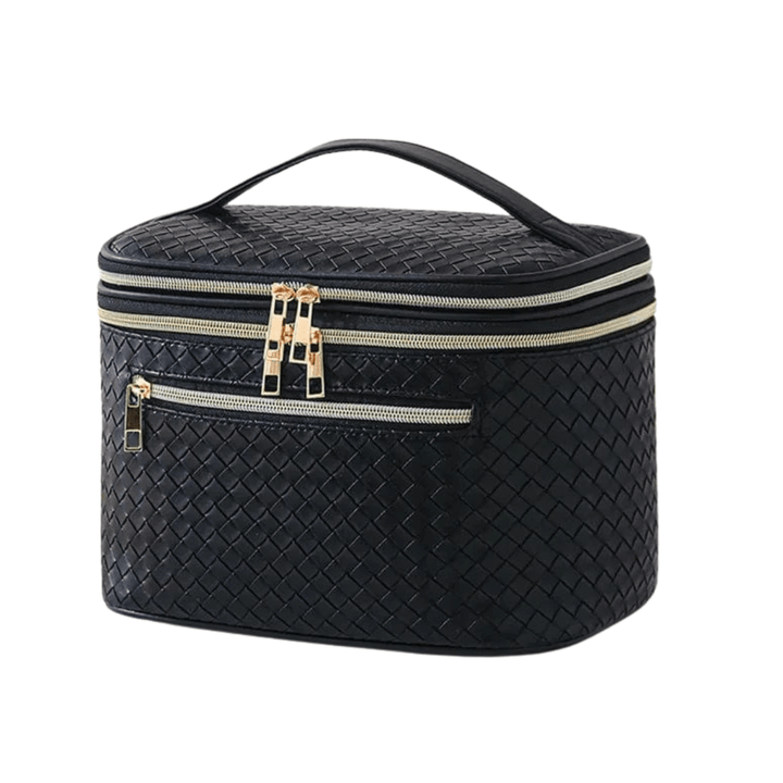 Trousse de toilette de luxe en cuir PU bordeaux avec fermeture éclair dorée, idéale pour femme, maquillage et voyage élégant.