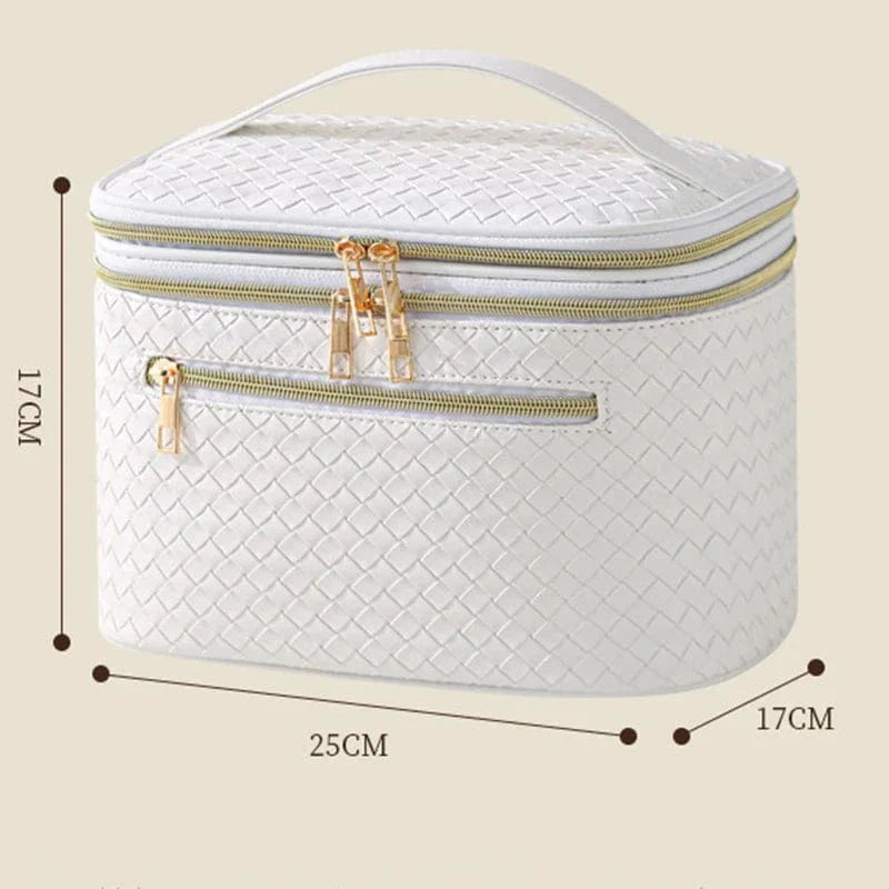 Trousse à maquillage luxe en cuir PU marron, résistante à l'eau, pour garder les produits de beauté bien organisés.