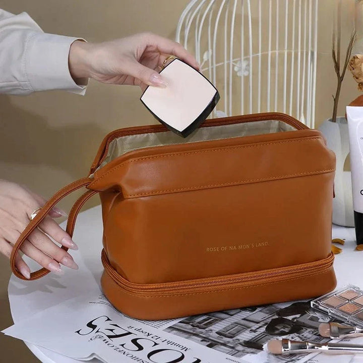 Trousse de toilette femme imperméable en cuir PU intérieur doublé, pour un rangement optimal