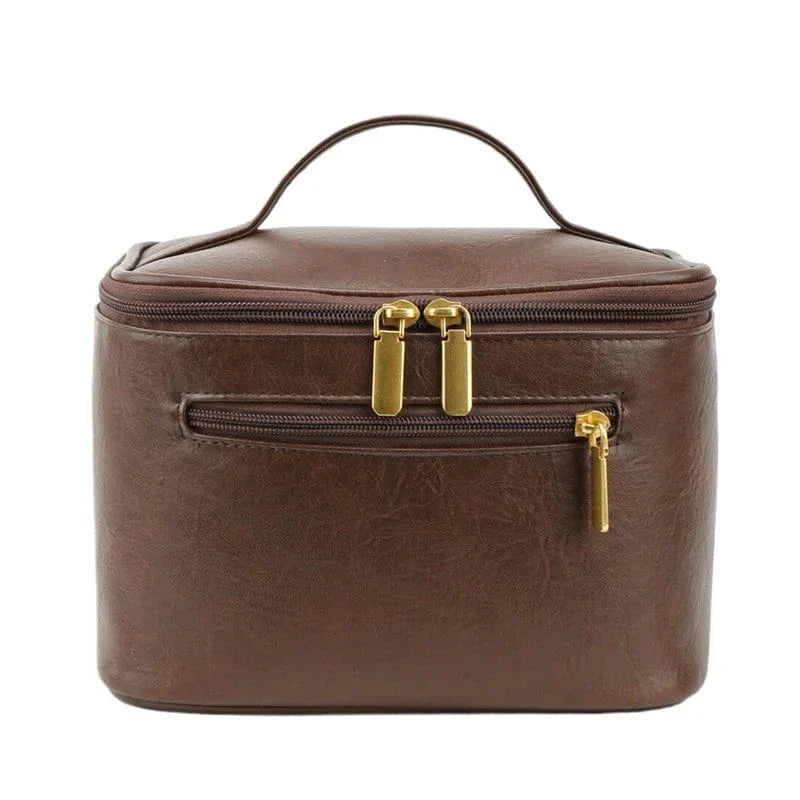 Sac cosmétique de voyage en cuir PU café, idéal pour organiser le maquillage féminin