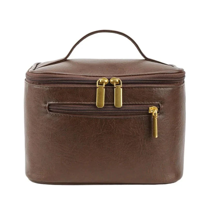 Sac cosmétique de voyage en cuir PU café, idéal pour organiser le maquillage féminin