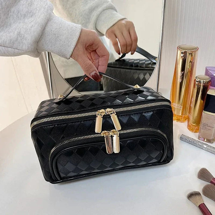 Trousse de toilette femme en cuir PU rose avec fermeture éclair dorée, grande capacité pour voyage