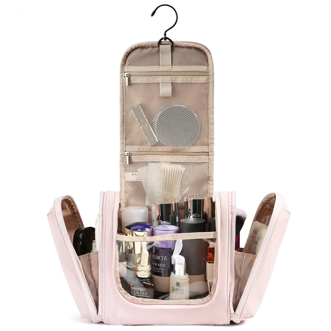 Trousse de toilette femme en cuir PU rose avec fermeture éclair dorée, idéale pour les cosmétiques de voyage.