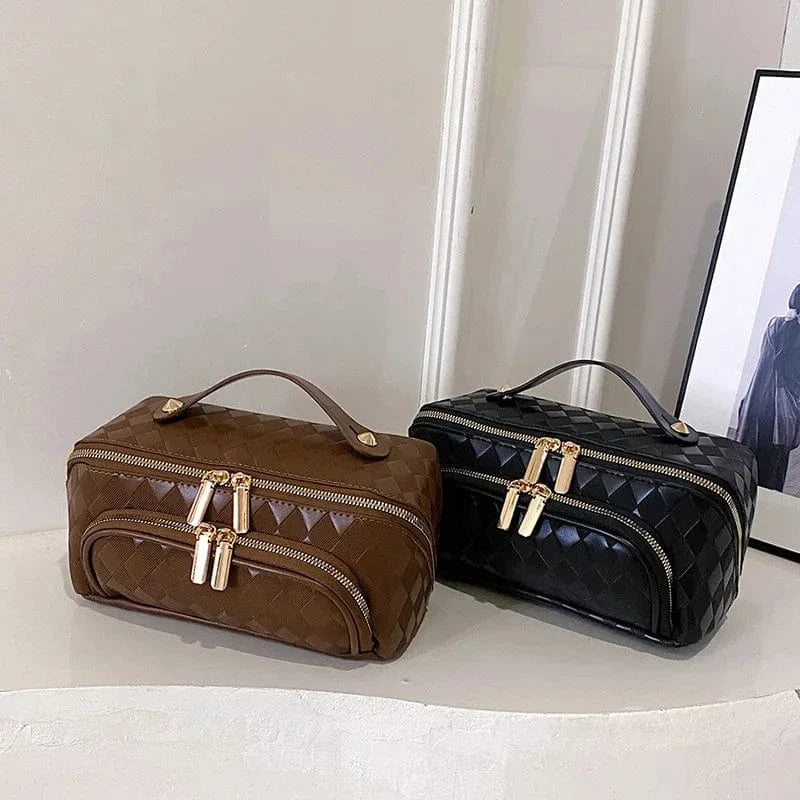 Trousse à maquillage femme imperméable en cuir PU noir, accessoire de rangement de voyage