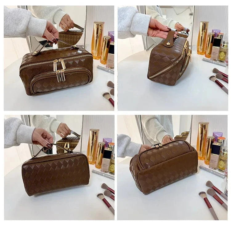 Kit de maquillage femme en cuir PU bleu sarcelle, avec une poignée robuste, pour un transport facile