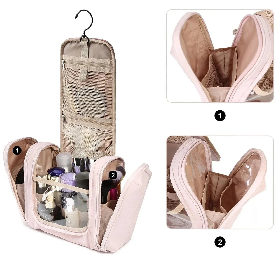 Trousse de voyage pour femme en cuir PU noir, compacte et organisée pour ranger articles de toilette.