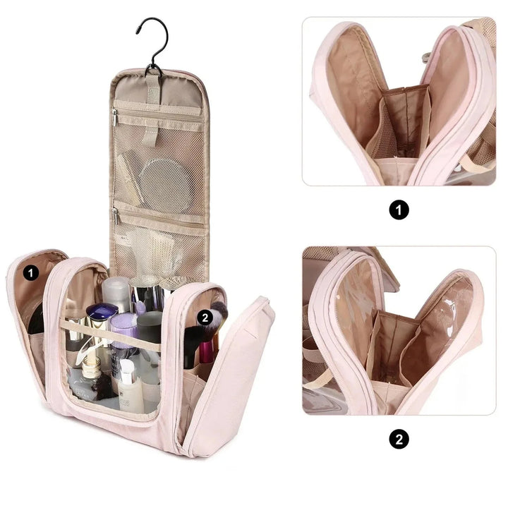 Trousse de voyage pour femme en cuir PU noir, compacte et organisée pour ranger articles de toilette.