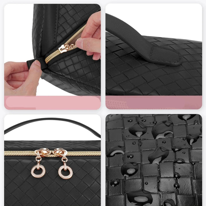 Intérieur spacieux d'une trousse de voyage en cuir PU, plusieurs compartiments pour maquillage et articles de toilette