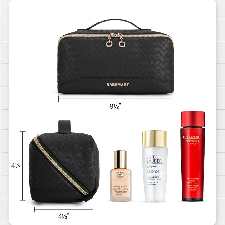 Trousse de toilette femme en cuir PU bleu sarcelle, avec poignée pratique pour un transport facile