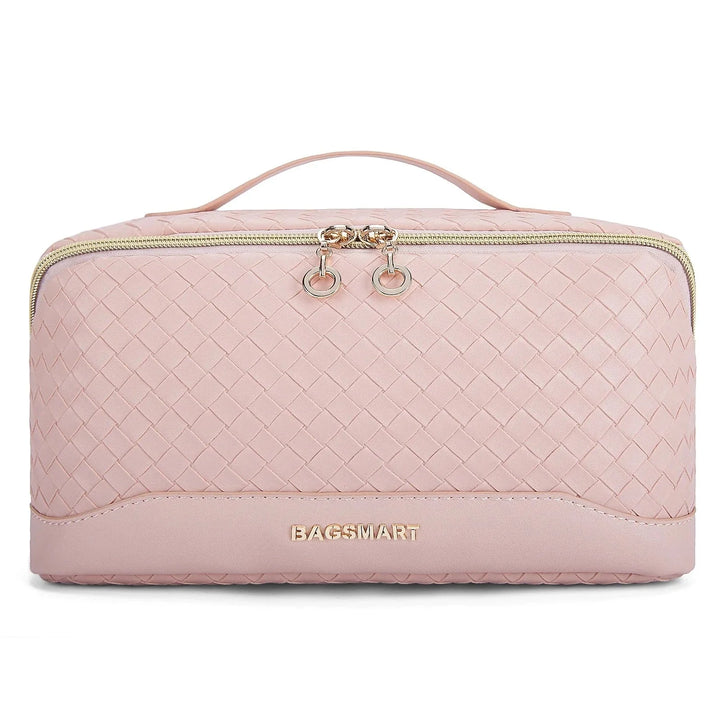 Vue de côté d'une trousse de toilette de voyage en cuir PU, montrant son design compact et élégant