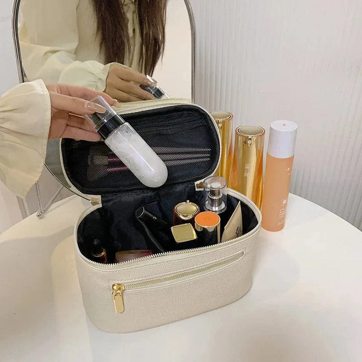 Accessoire beauté trousse en cuir PU femme, couleur crème, avec poignée supérieure discrète