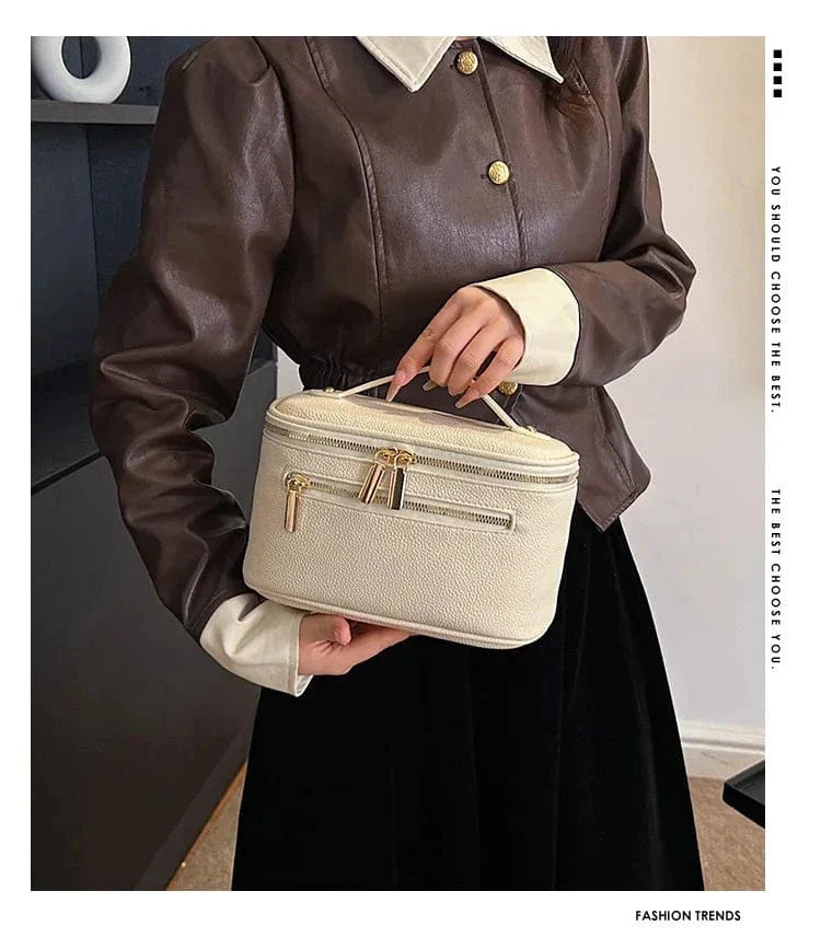 Trousse élégante en cuir PU pour femme, motif grainé, couleur verte foncée, fermée