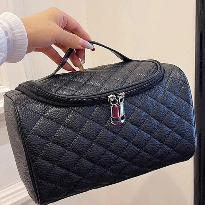 Trousse de toilette femme élégante en cuir PU noir, accessoire de voyage et maquillage