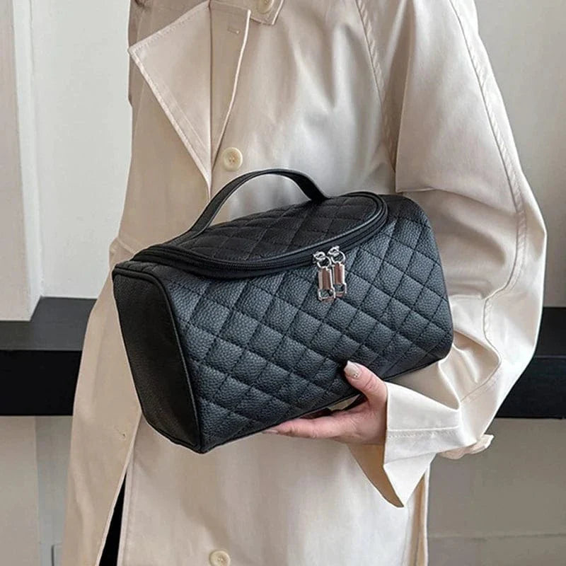 Trousse de toilette noire en cuir PU pour femme, rangement maquillage de voyage